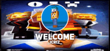 a welcome screen for a video game with a cartoon character