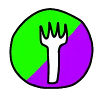 a cartoon drawing of a fork in a circle with a green and purple background .
