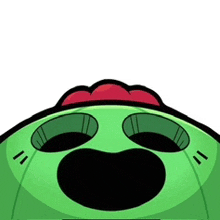 a cartoon of a green cactus with a big mouth and a red bump on its head .