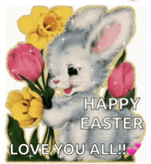 a happy easter greeting card with a bunny holding flowers