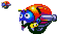 a pixel art drawing of a colorful bug with a rocket launcher