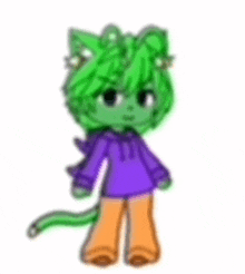 a cartoon character with green hair and a purple shirt is standing on a white background .