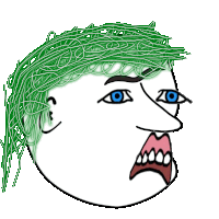 a drawing of a man 's face with green hair and blue eyes