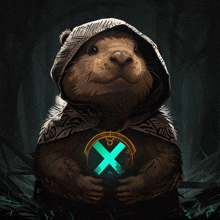 a painting of an otter wearing a hooded cape and holding a green x