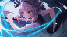 a girl with purple hair is holding a sword in her right hand