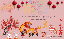 a chinese new year greeting card with a dragon and lion dancers