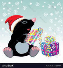 a cartoon mole is wearing a santa hat and holding a gift box .