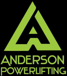 the logo for anderson powerlifting is a green triangle with a letter a in the middle .