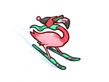 a flamingo wearing a santa hat and scarf is skiing down a snowy slope