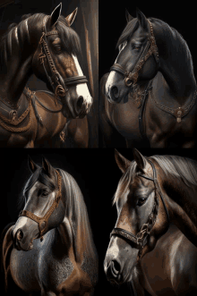 four different horses with bridles and saddle on a black background