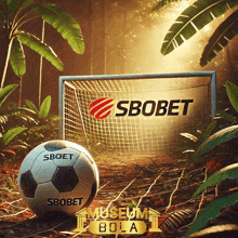 a soccer ball that says ' sbobet ' on it in front of a goal