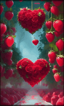 a heart made of roses and strawberries hanging from a string