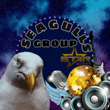 a seagull stands in front of a logo for seagulls group star maker