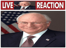 a man in a suit and tie is smiling in front of an american flag