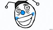 a drawing of a smiling face with a blue eye and a black hat