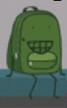 a cartoon of a green backpack with arms and legs