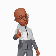 a cartoon man wearing glasses and a gray jacket