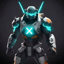 a futuristic robot with a glowing x on his chest