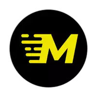 a black circle with a yellow letter m in the center