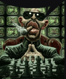 a cartoon of a man smoking a cigar while playing chess with the number 6 on the screen behind him