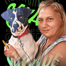 a painting of a woman holding a black and white dog in front of a sign that says ' a ' on it