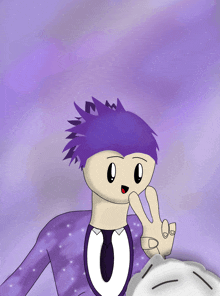 a cartoon character with purple hair and the letter u on his shirt and tie