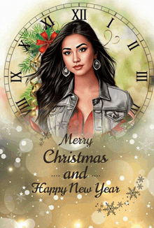 a merry christmas and happy new year greeting card with a clock in the background