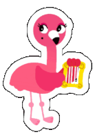 a pink flamingo is holding a picture frame with a red heart on it