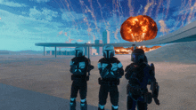 three mandalorian soldiers are standing in front of an explosion in a video game