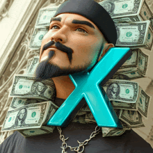 a man with a beard is wearing a chain around his neck and a stack of 1 dollar bills