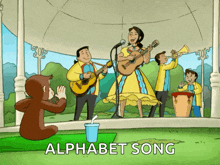 a cartoon of a group of people playing instruments with the words alphabet song below them