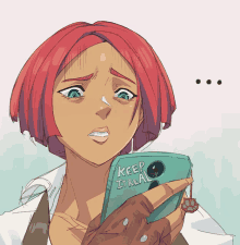 a drawing of a girl with red hair holding a cell phone that says keep it real