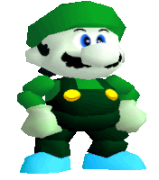 a cartoon character wearing green overalls and a white hat