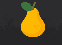 a yellow pear with a green leaf on top of it