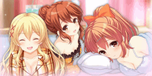 three anime girls are laying on a bed with one laying on a pillow