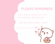 a pink background with a white cat holding a basket of flowers and the words please remember