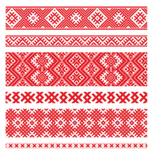 a set of red and white borders with a geometric design