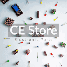 a ce store electronic parts ad with various electronic parts on a blue background