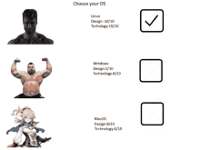 a choose your os screen shows a man flexing his muscles and a girl with a sword