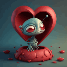 a cartoon character is sitting inside of a red heart surrounded by hearts