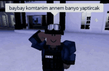 a cartoon character wearing a swat uniform salutes in front of a building .