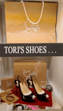 a display of tori 's shoes with a louis vuitton bag behind it