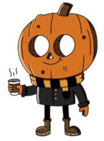 a cartoon character with a pumpkin head is holding a cup of hot chocolate .