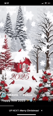 a phone screen shows a picture of a snowy scene with the year 2025