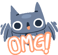 a sticker of a bat with the word omg in orange