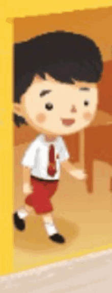 a cartoon boy in a school uniform is walking out of a yellow door .