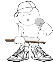 a black and white drawing of a cartoon character holding a stick and singing into a microphone .