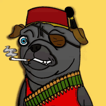 a cartoon of a pug dog wearing a red hat and sunglasses smoking a cigarette