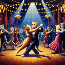 a painting of cats dancing a tango in a ballroom