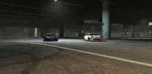 a black car and a white car are racing in a parking garage